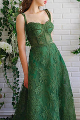 Dark Green A-line Tulle Lace Spaghetti Straps Prom Dresses, Party Dresses